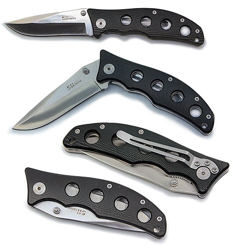 Black Ridged Quad Hole Spring Assisted Knife