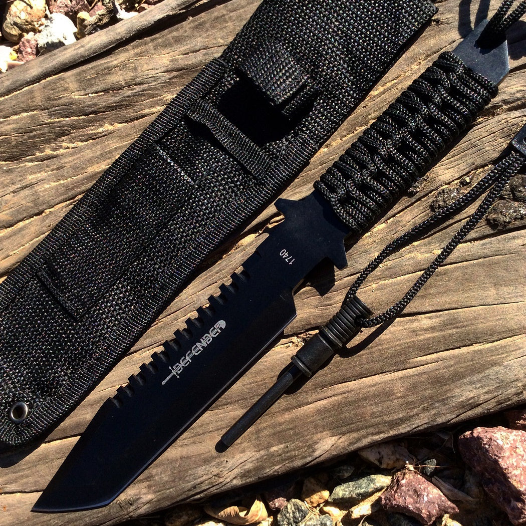 11" All Black Full Tang Hunting Knife With Fire Starter & Sheath