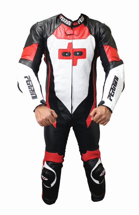 Perrini 1 Pc Red White & Black Genuine Cow Hide Leather Motorbike Riding Motorcycle Racing Suit