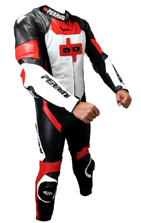 Perrini 1 Pc Red White & Black Genuine Cow Hide Leather Motorbike Riding Motorcycle Racing Suit