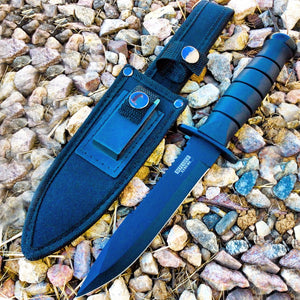 10.5" Hunting Knife With Nylon Button Sheath & Blade Sharpener All Black