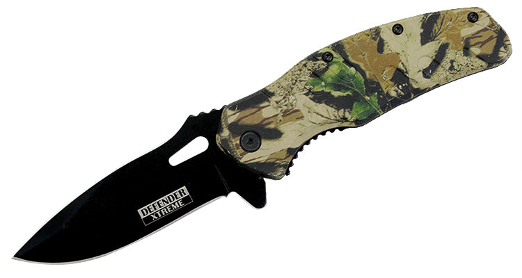 8" Defender Xtreme Woodland Camo Spring Assited Knife