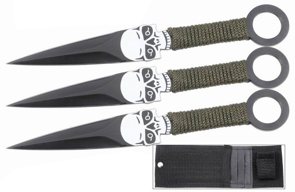 Set of 3 Throwing Knives with a Skull Design & Sheath