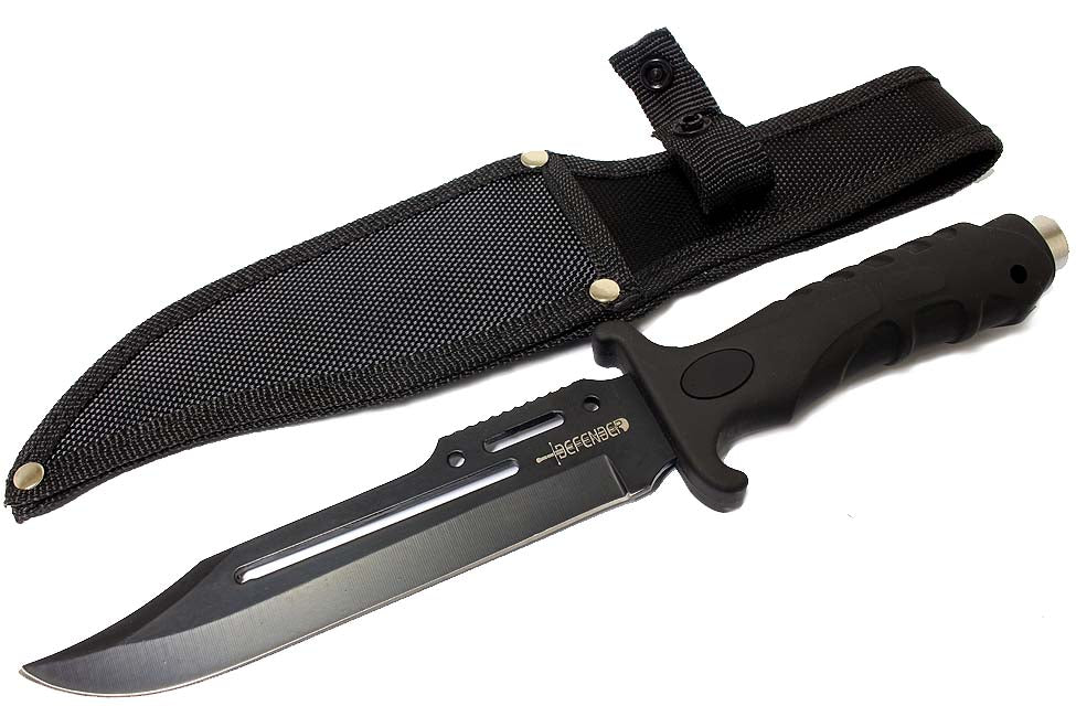 10.5" Black Hunting Knife Rubber Handle with Sheath