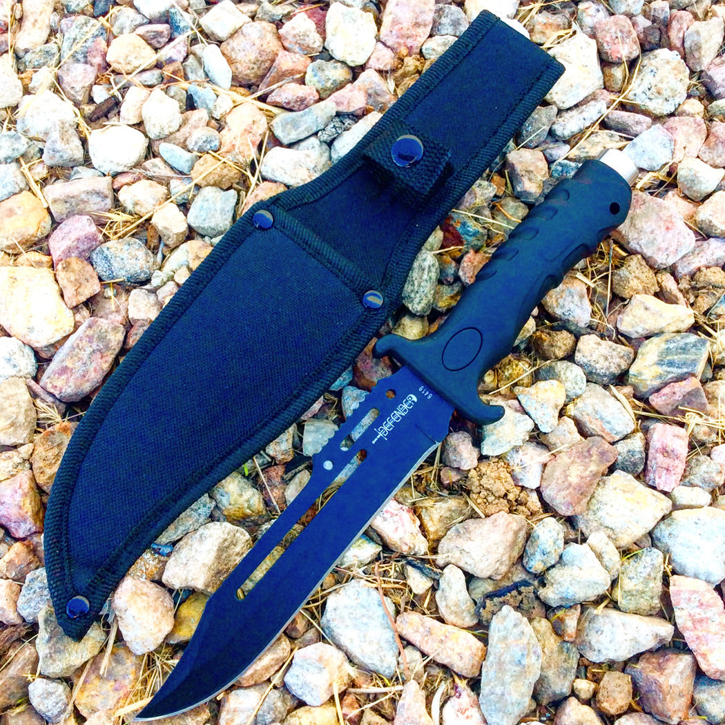 10.5" Black Hunting Knife Rubber Handle with Sheath