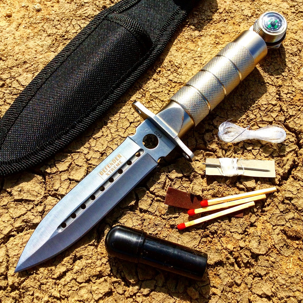 8" Silver Survival Knife With Survival Kit & Sheath