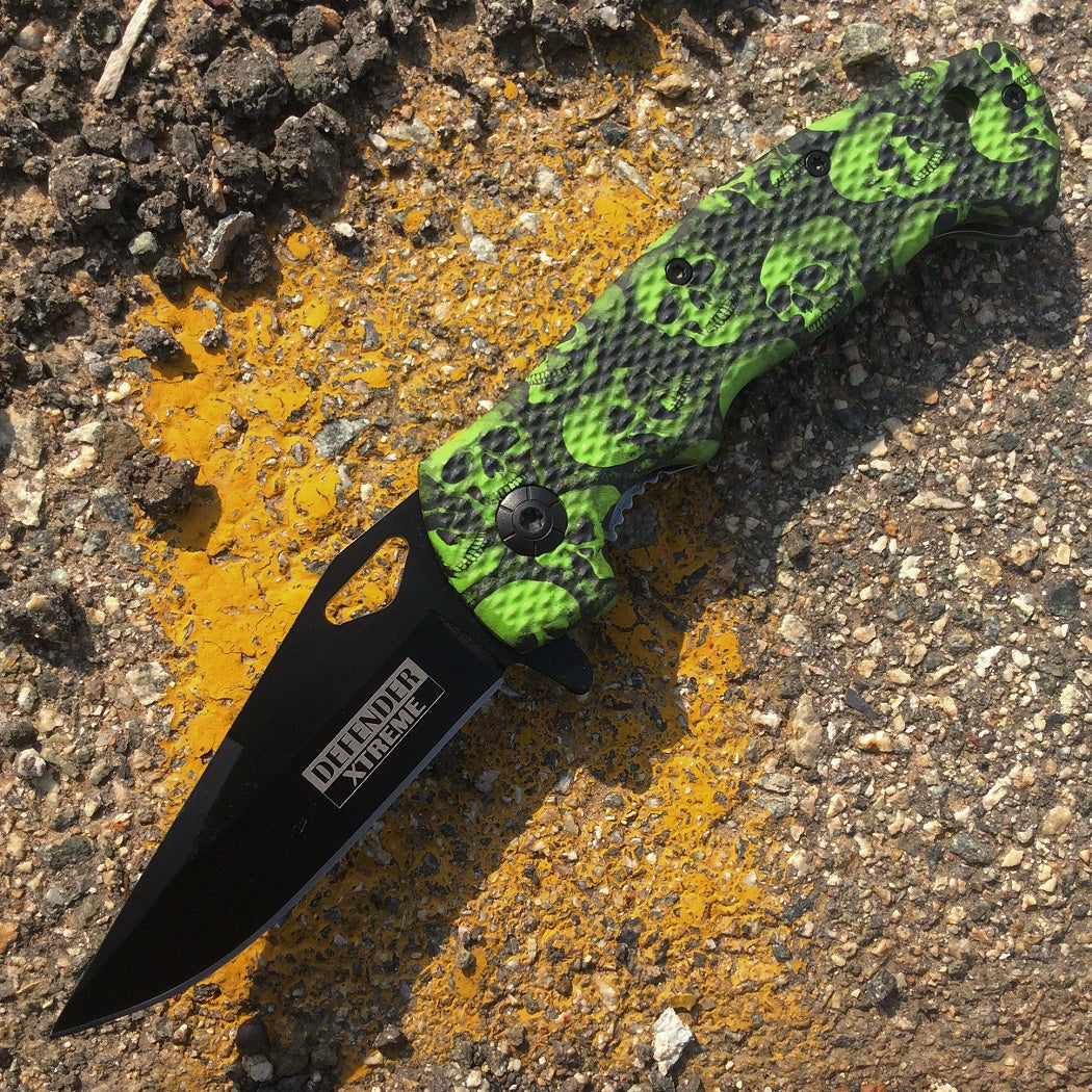 7.5"  Mini Folding Spring Assisted Knife Green Skull Handle Design With Clip