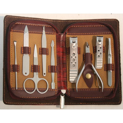 9 PC High Quality Dark Red Bag Kit Manicure Set