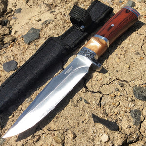 10.5" Hunting Knife Silver Stainless Steel Wood Handle with Sheath