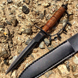 12.5" Brown & Black Hunting Knife with Spiked Handle & Sheath