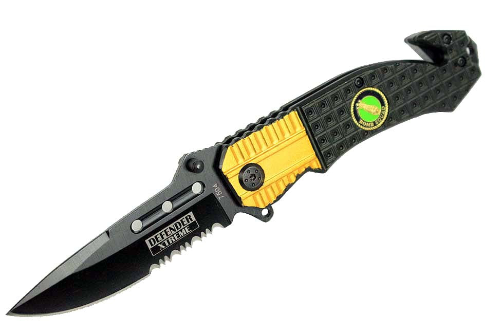 8" Defender Xtreme Black and Gold Spring Assisted Knife with Belt Clip