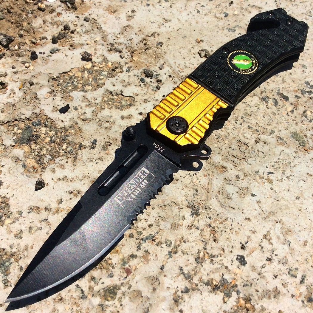 8" Defender Xtreme Black and Gold Spring Assisted Knife with Belt Clip