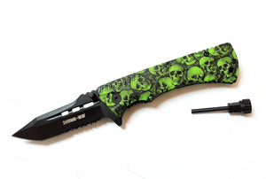 8.5" Zombie War Green & Black Skull Design Handle Spring Assisted Knife with Belt Clip & Fire Starter