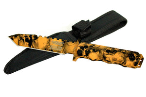 9" Defender-Xtreme Orange Skull Design Tactical Hunting Outdoor Knife with Sheath