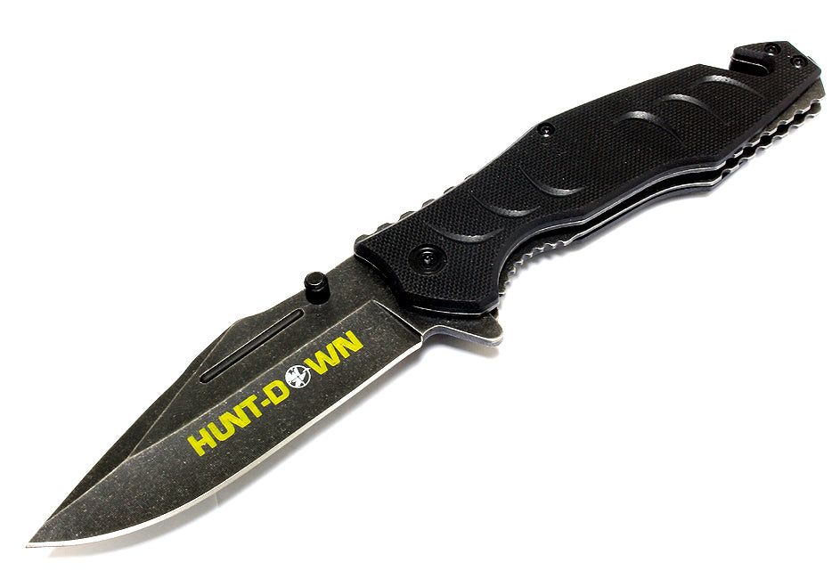 7.5" Hunt-Down Black Folding Spring Assisted Knife with Belt Clip