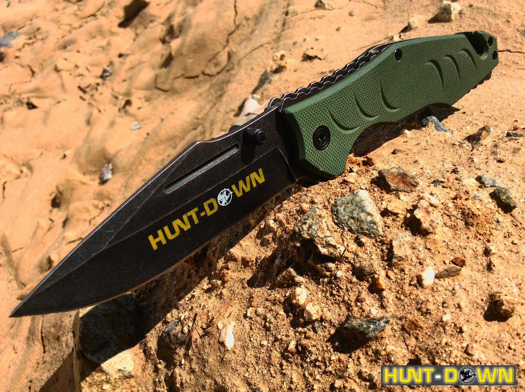 8" Hunt-Down Green Folding Spring Assisted Knife with Belt Clip