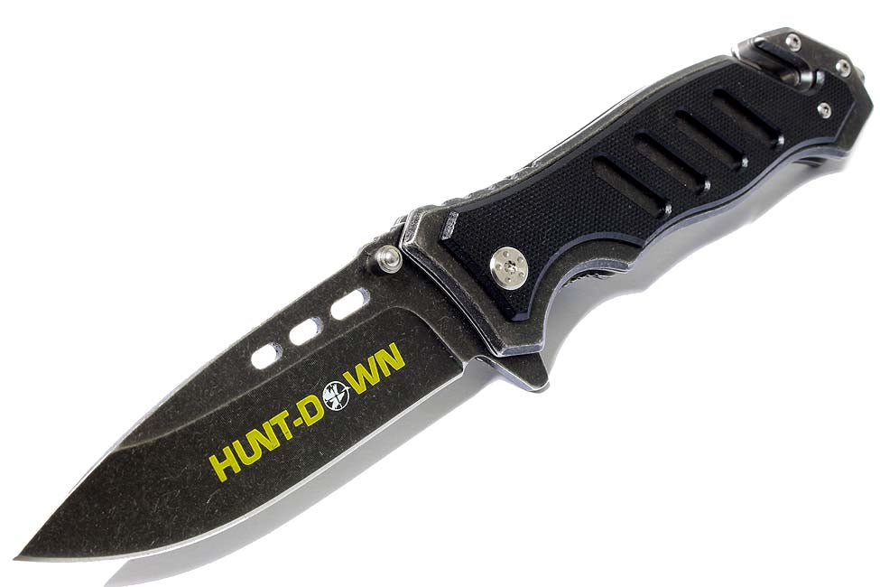 8.5" Huntdown Spring Assisted Stone Wash Knife Wth Belt Clip & Belt Cutter