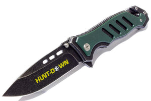 8" Huntdown Spring Assisted Stone Wash Blade Green Handle with Clip & Belt Cutter
