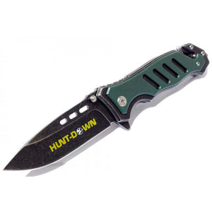 8" Huntdown Spring Assisted Stone Wash Blade Green Handle with Clip & Belt Cutter