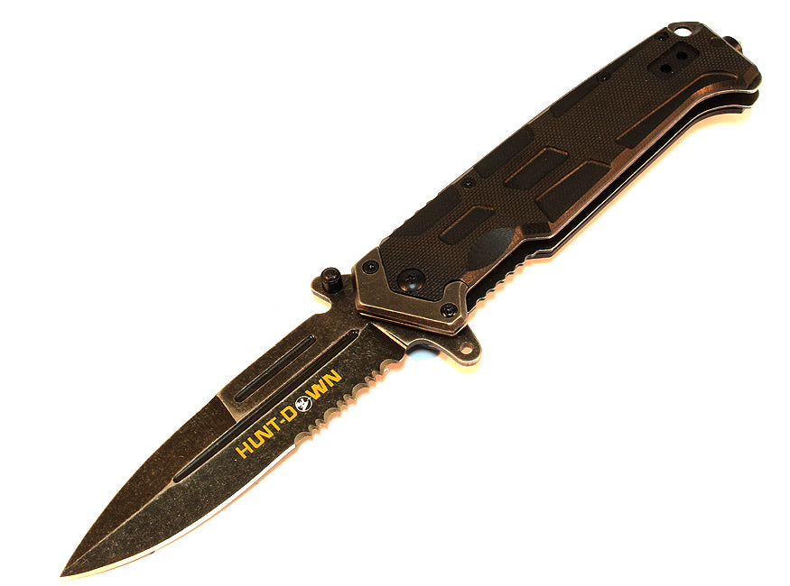 8.5" Huntdown Black Spring Assisted Metal Handle knife