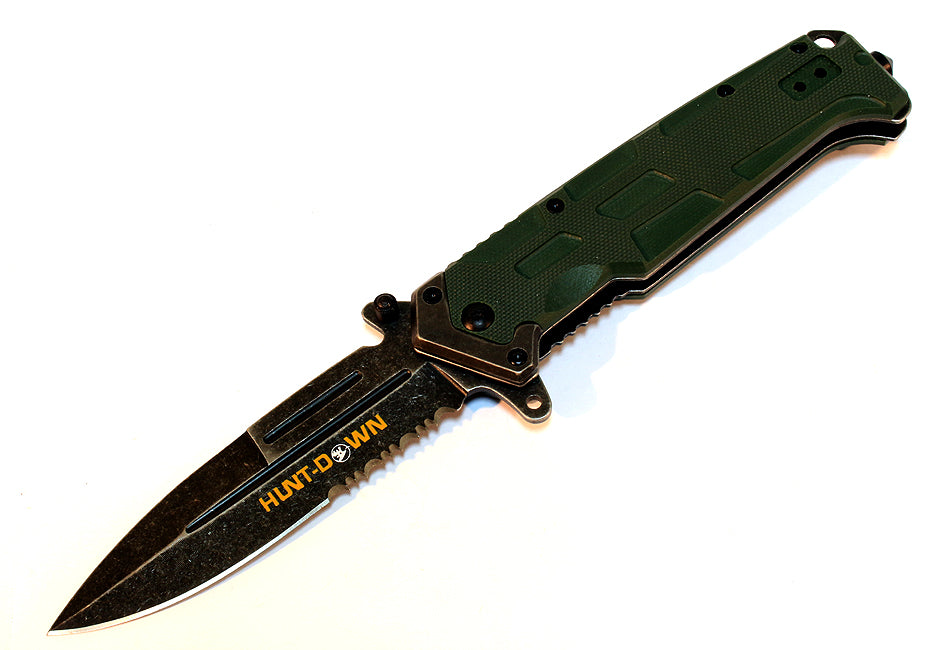 9" Hunt-Down Spring Assisted Green Handle with Clip