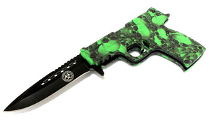 8.5" Spring Assisted Folding Zombie Gun Knife Green Skull Handle