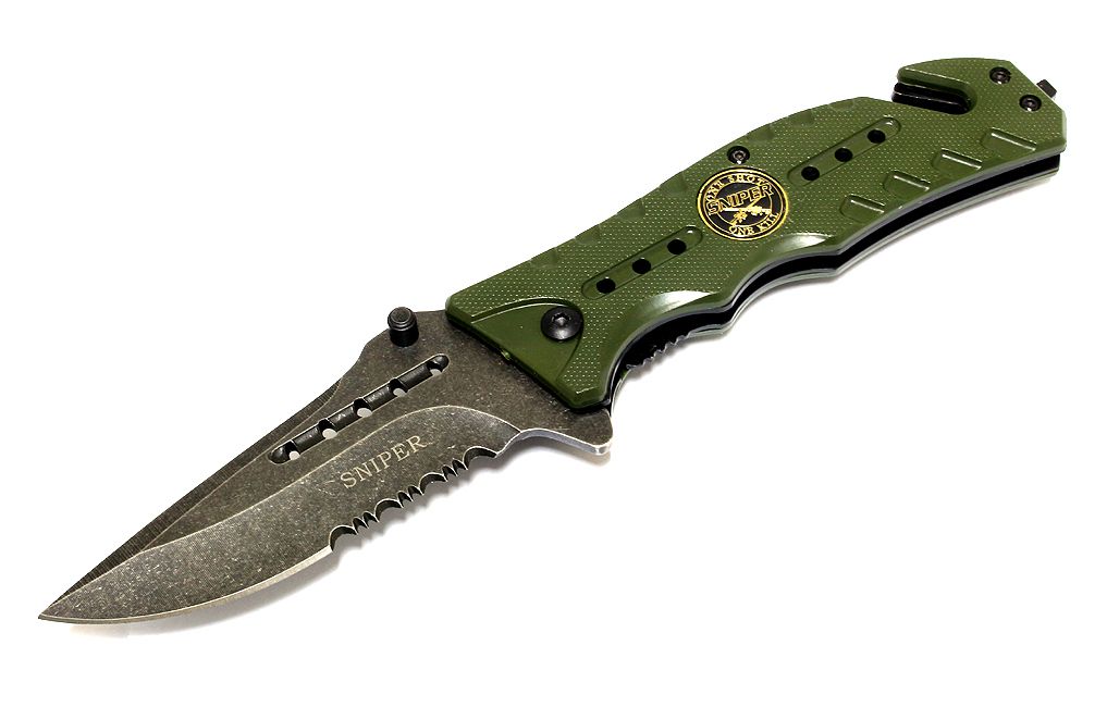 8" Sniper Green Folding Spring Assisted Knife with Belt Clip