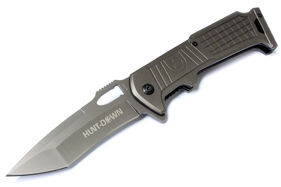 8 1/2" Hunt Down Grey Folding Spring Assisted Knife with Belt Clip