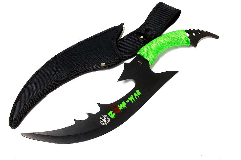 15.5" Full Tang Zomb-War Hunting Sword With Green Nylon Handle & Sheath