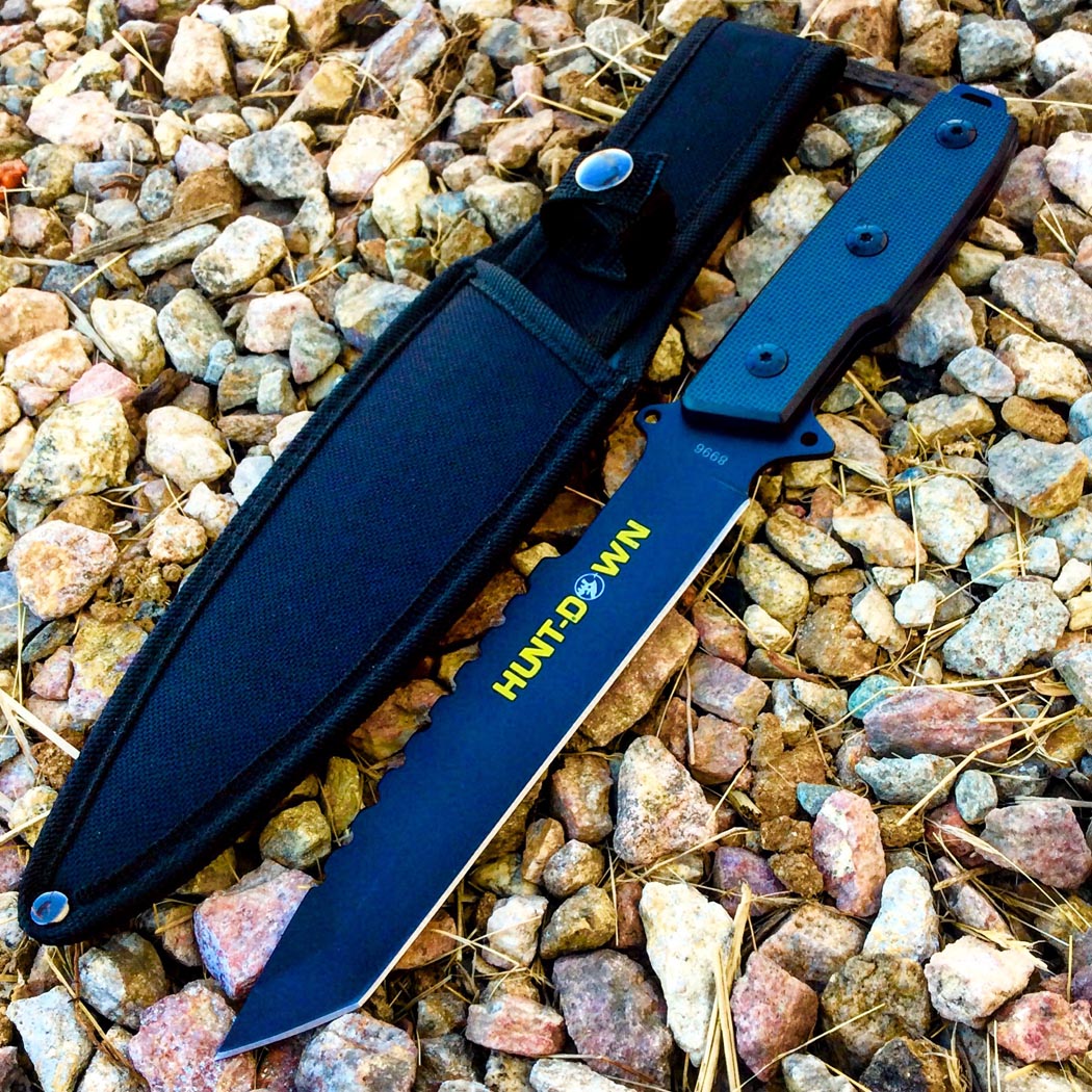 12" Hunt-Down All Black Tanto Blade Hunting Knife Ridged Edge with Nylon Sheath