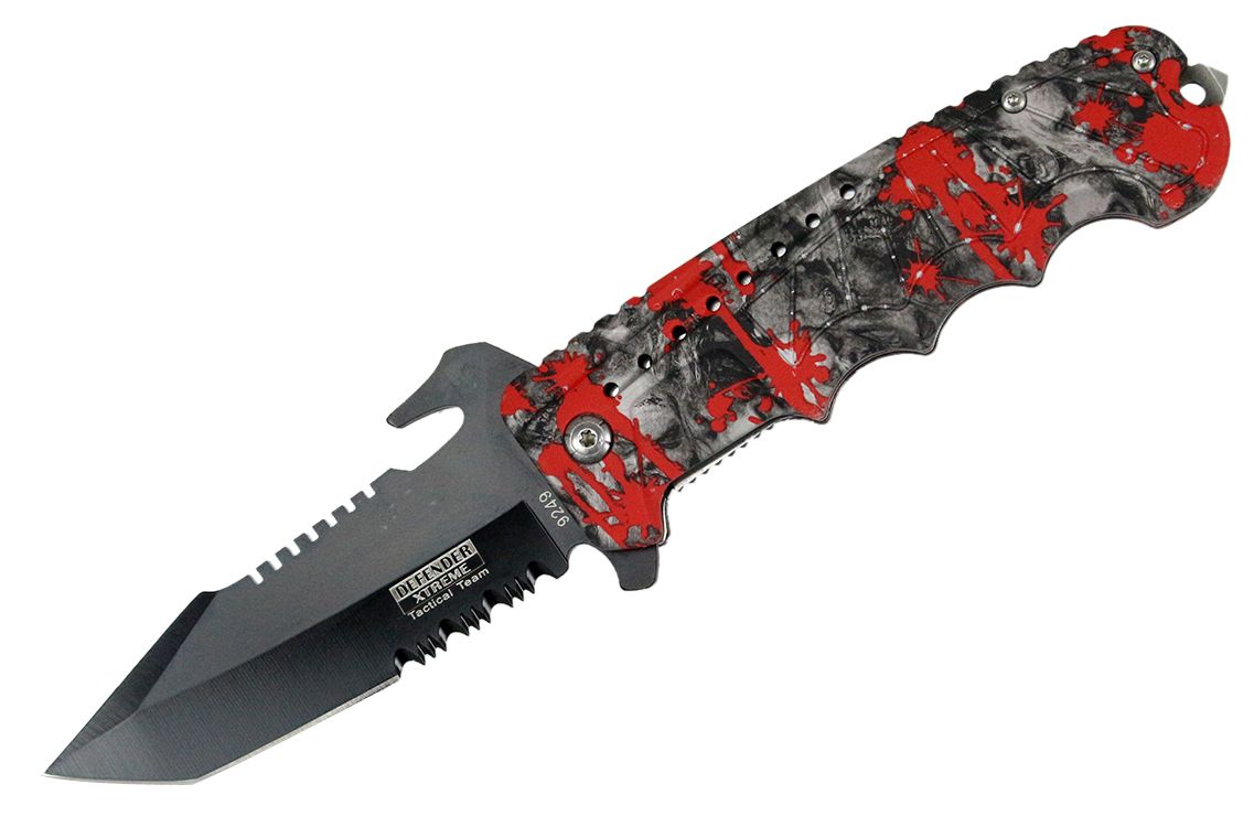 9" Defender Xtreme Spring Assisted Folding Knife Red Zombie Blood Handle