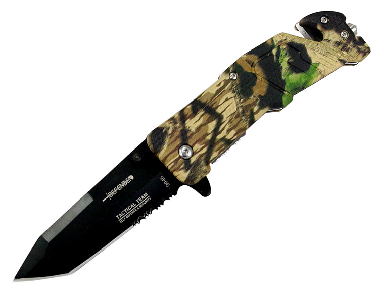 8" Spring Assisted Woodland Camo Knife with Glass Breaker and Belt Cutter