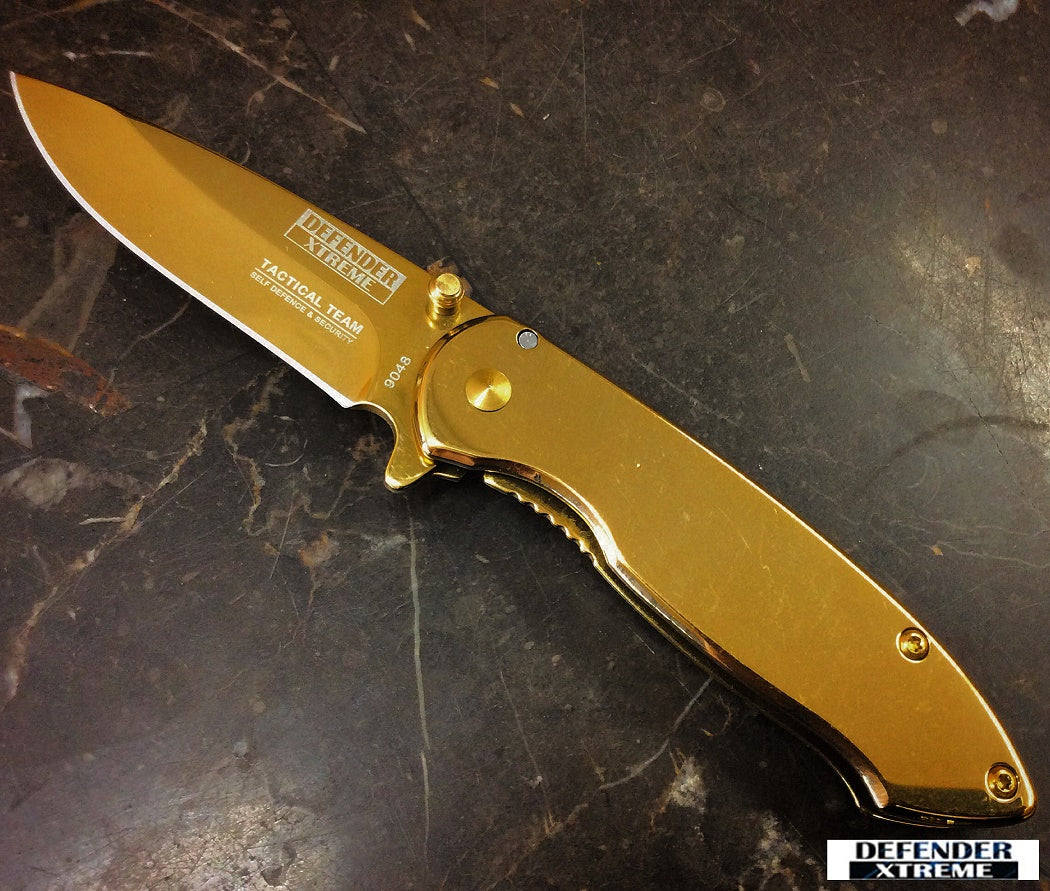 6.5" Defender Xtreme Spring Assisted Gold Colored Knife with Belt Clip