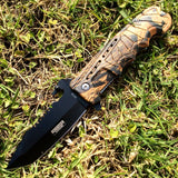9" Spring Assisted Light Brown Woodland camo Handle Knife with Bottle Opener