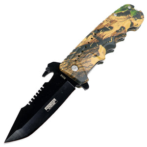 9" Spring Assisted Light Brown Woodland camo Handle Knife with Bottle Opener