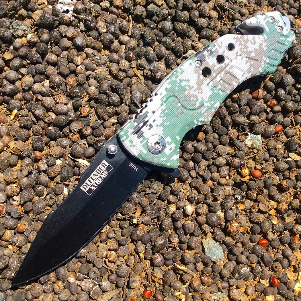 8" Spring Assisted Digital Woodland Camo Knife with Glass Breaker and Belt Cutter