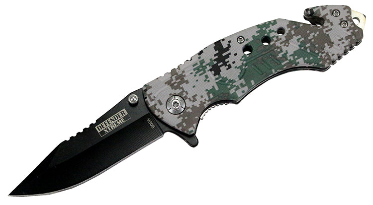 8" Spring Assisted Digital Woodland Camo Knife with Glass Breaker and Belt Cutter