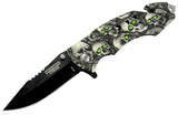 8" Spring Assisted Skull Handle Knife with Glass Breaker and Belt Cutter