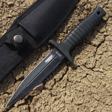 9" Defender-Xtreme Double Edge Black Outdoor Fixed Blade Hunting Knife w/ Sheath