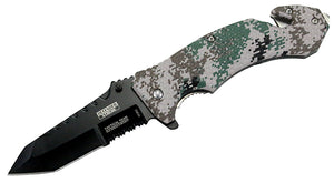 8" Spring Assisted Digital Camo Knife with Glass Breaker and Belt Cutter