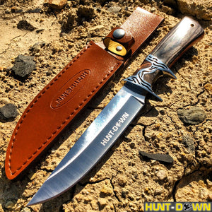 12" Hunt-Down Black/Brown Sporting Knife With Leather Sheath