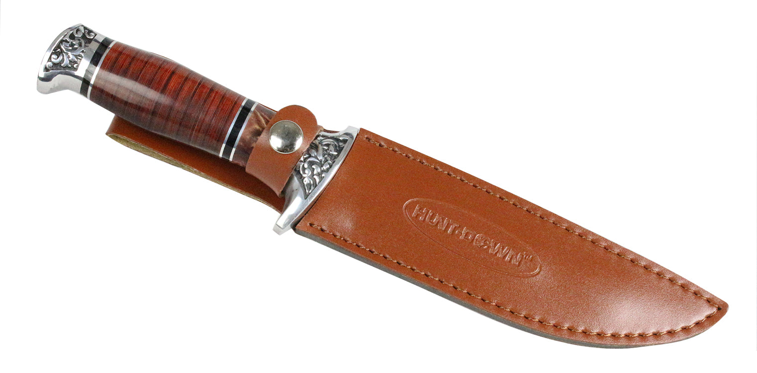 12" Hunt-Down Fixed Blade Brown and Chrome Knife with Leather Sheath