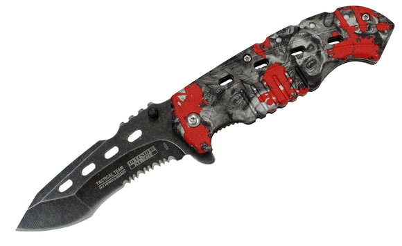 8' Defender Xtreme Serrated Spring Assisted Knife Red Zombie Handle with Belt Clip