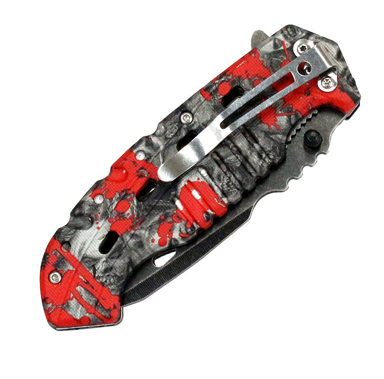 8' Defender Xtreme Serrated Spring Assisted Knife Red Zombie Handle with Belt Clip