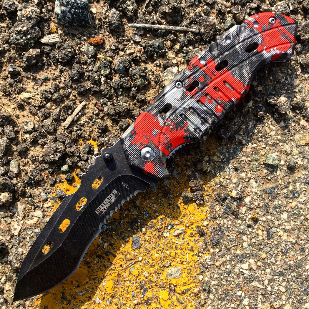 8' Defender Xtreme Serrated Spring Assisted Knife Red Zombie Handle with Belt Clip