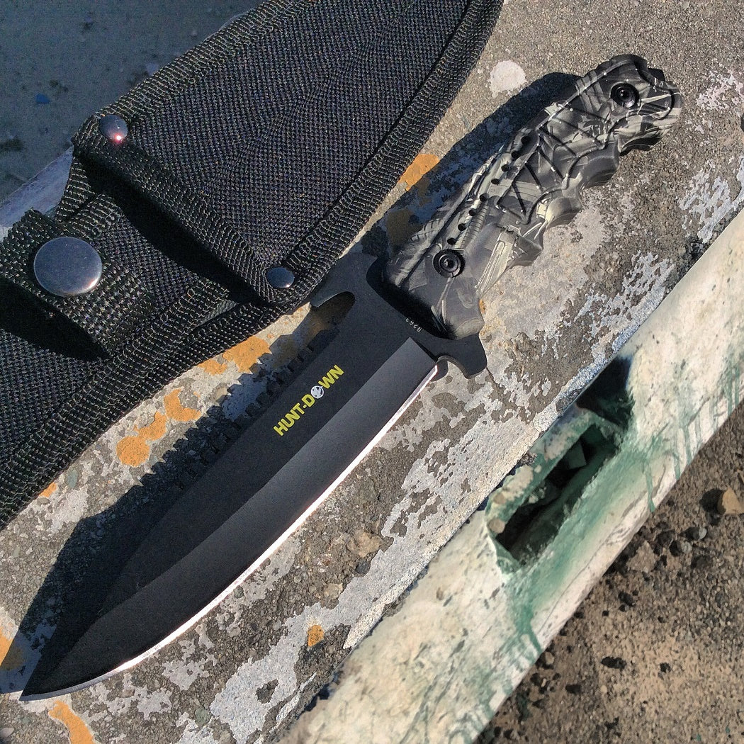 9.5" Hunt-Down Full-Tang Blade Hunting Knife with Black Machine gun Handle