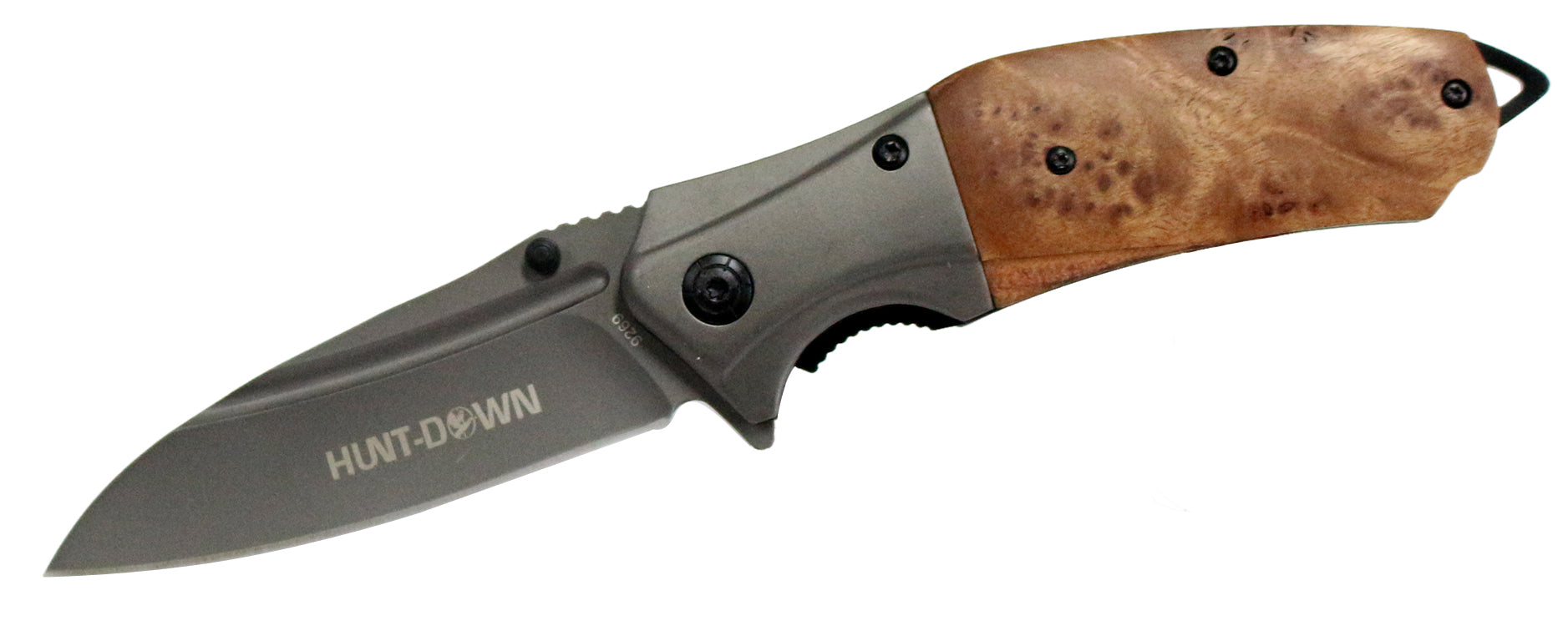 9" Hunt-Down Spring Assisted Light Brown Wood Handle Knife with Belt Clip