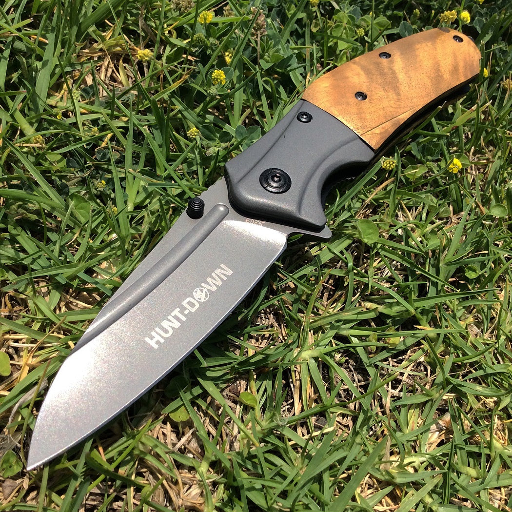 9" Hunt-Down Spring Assisted Light Brown Wood Handle Knife with Belt Clip