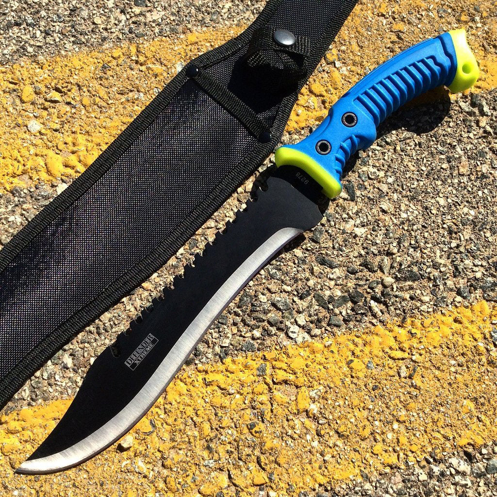 16" Defender Xtreme Full Tang Hunting Knife with Blue/Neon Green Rubber Handle