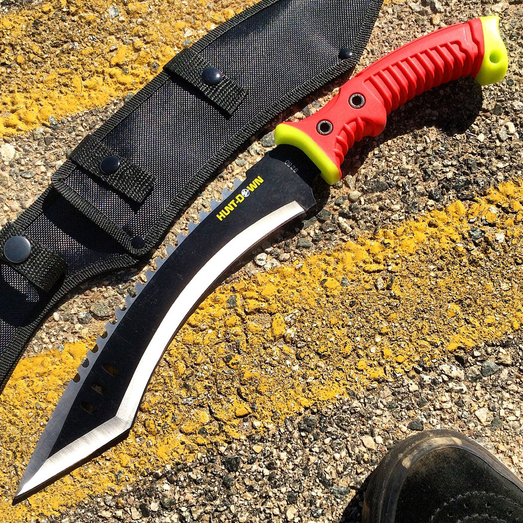 16" Hunt-Down Full Tang Hunting Knife with Red/Neon Green Rubber Handle